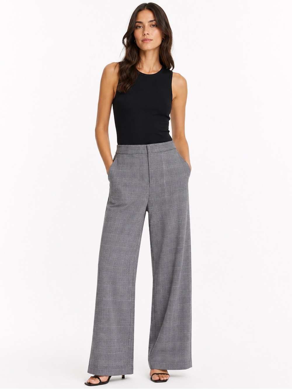 St. John 10 Wide Leg Lightweight Breathable Wool Plaid Black White Designer